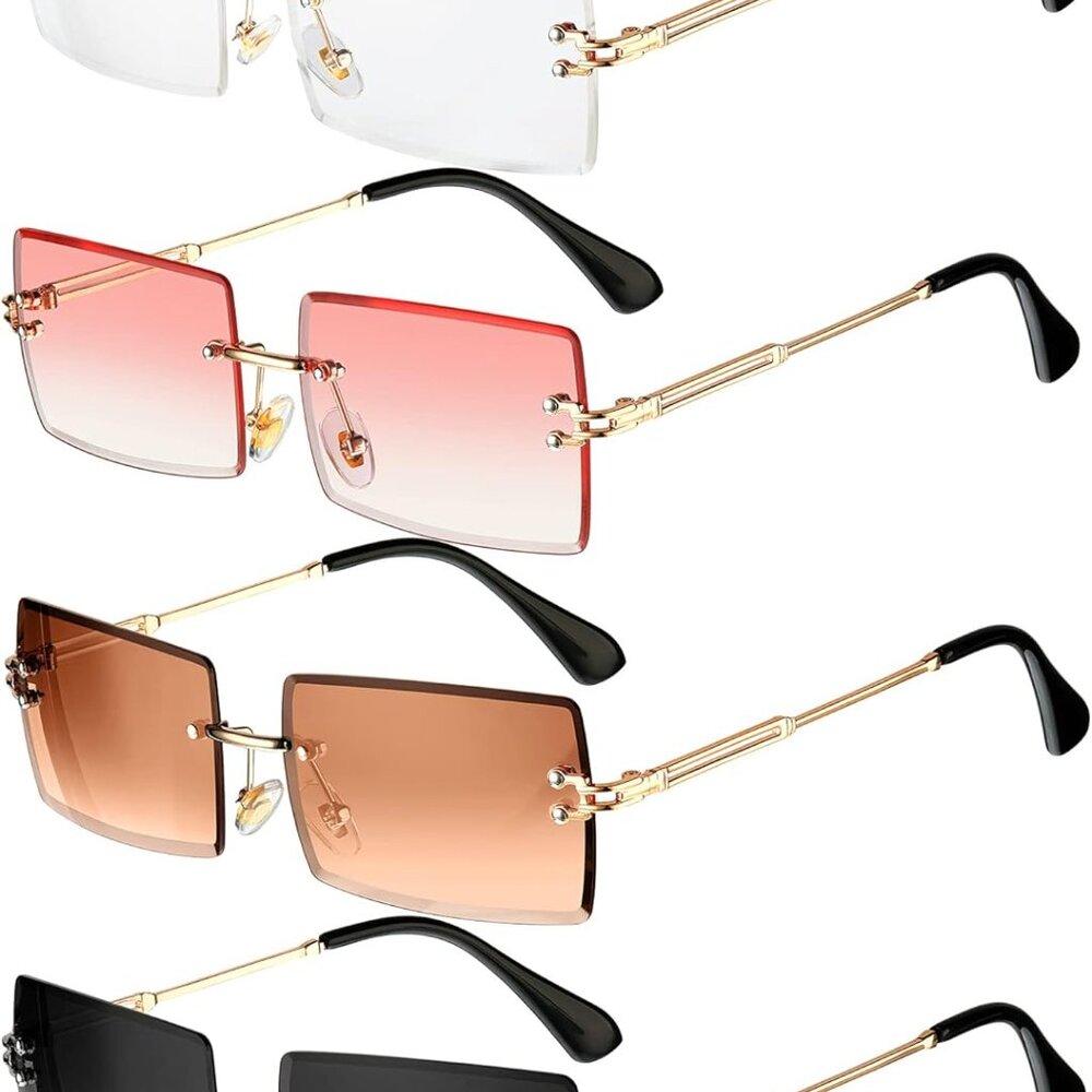 4 Pairs Rimless Rectangle Sunglasses Frameless Square Glasses Vintage Transparen